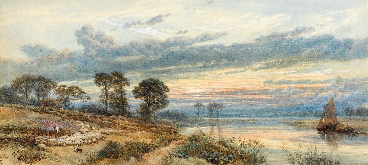 Západ slunce nad řekou (wc na papíře) od Myles Birket Foster
