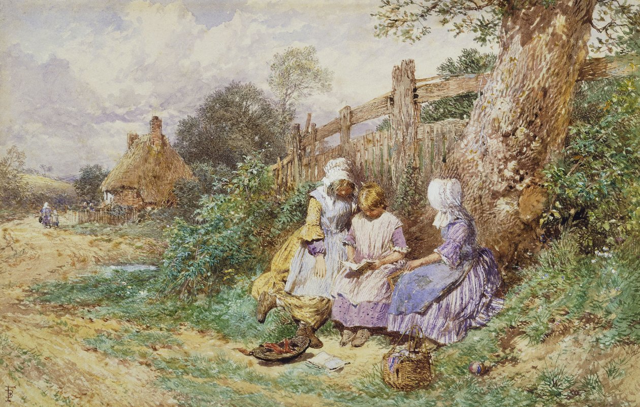 Děti čtoucí vedle venkovské uličky, od Myles Birket Foster