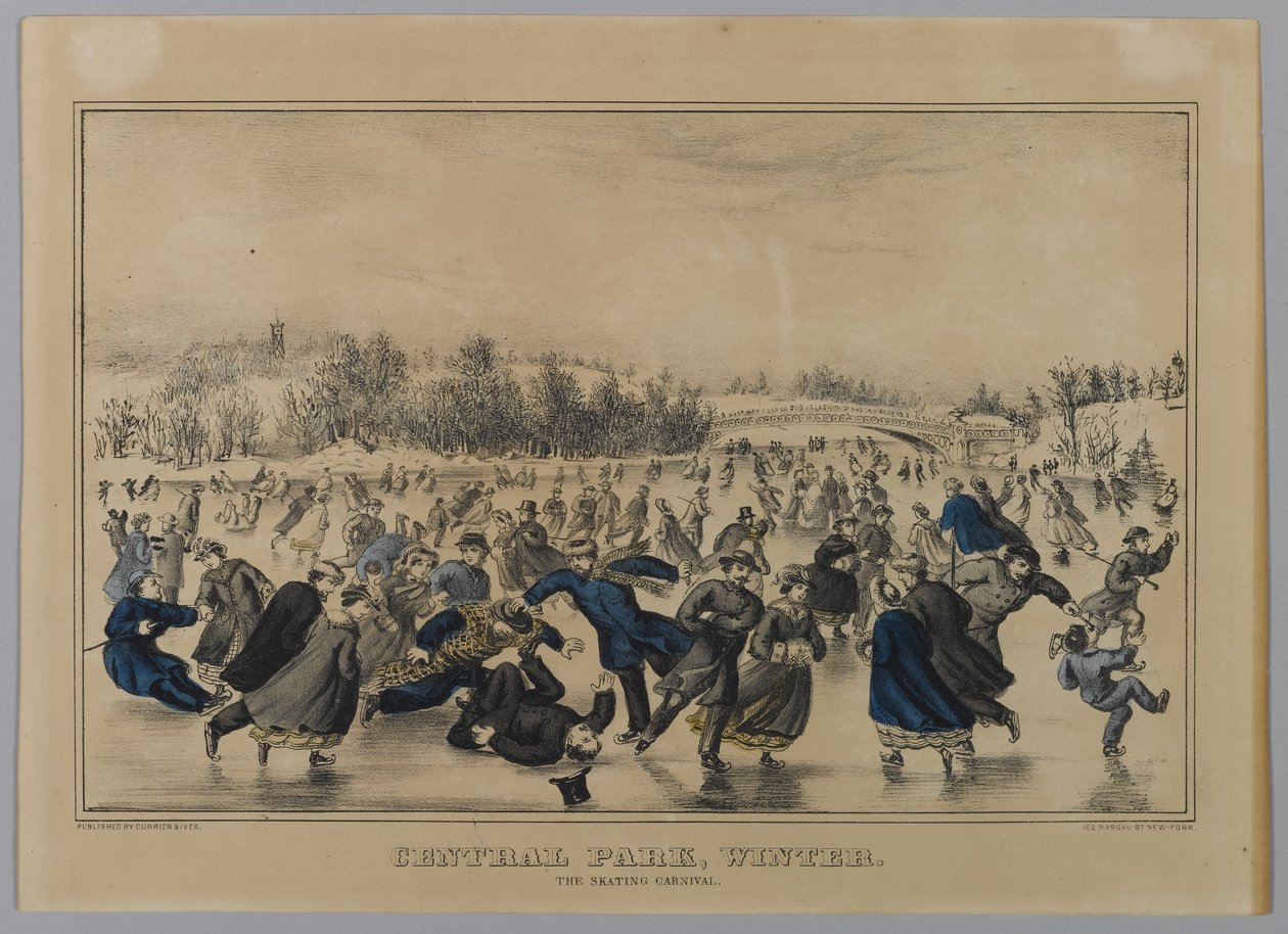 Central Park, Zima. Bruslařský karneval. (ručně kolorované lito) od N. and Ives, J.M. Currier