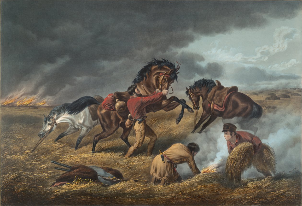 Life on the Prairie: The Trappers defence, „Fire fight Fire, 1862 od N. and Ives, J.M. Currier