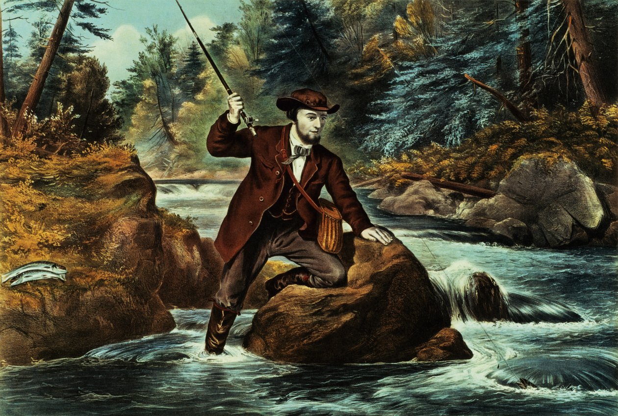 Lov pstruhů potočních – Anxious Moment, 1862 od N. and Ives, J.M. Currier