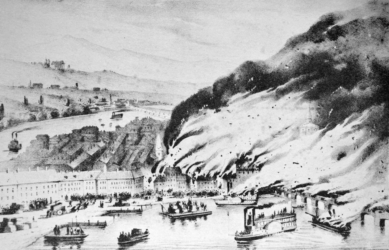 Currier & Ives ilustrace 19. století. Velký požár v Pittsburghu, PA od N. and Ives, J.M. Currier