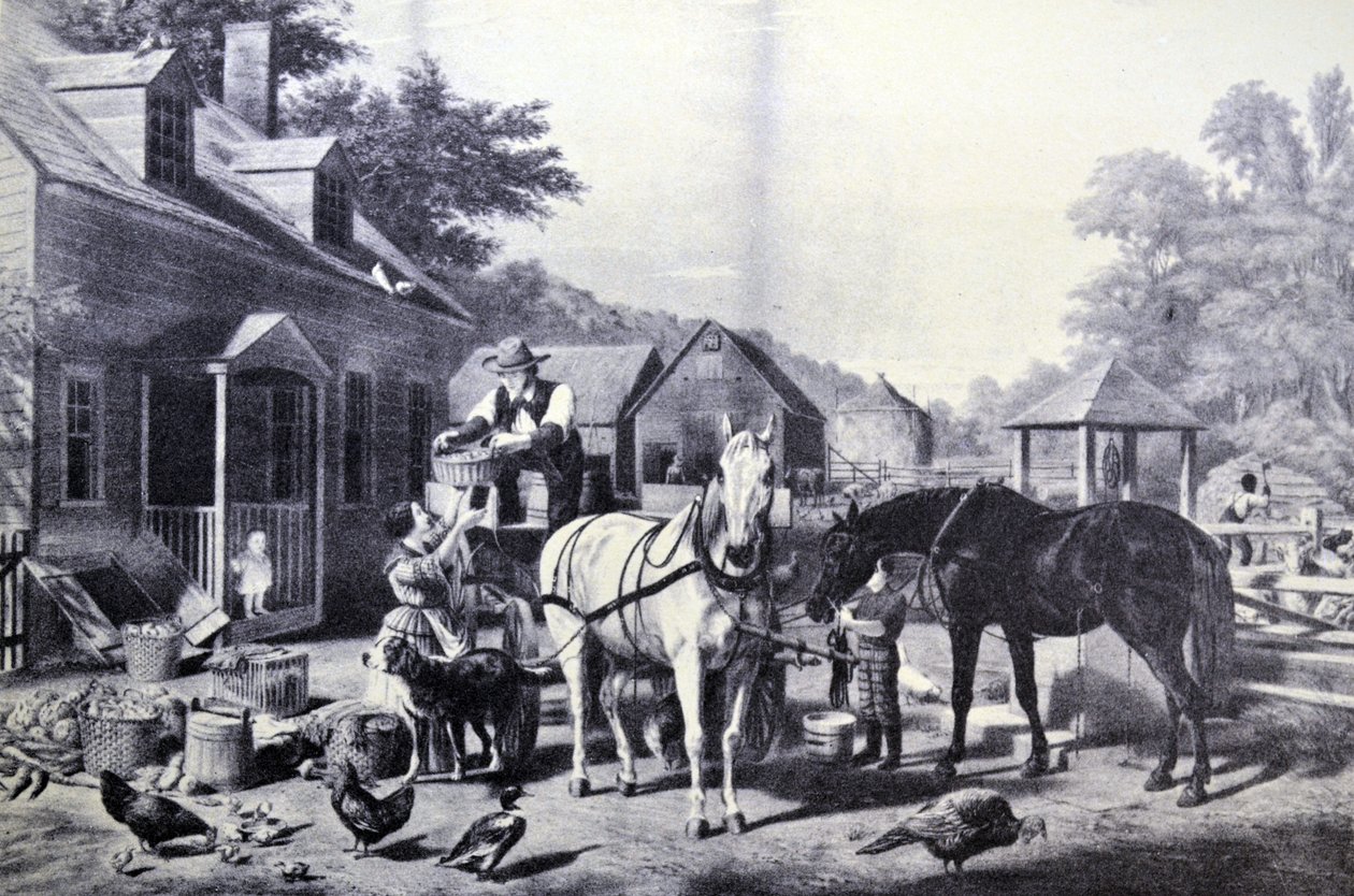 Ilustrace Currier & Ives 19. století. Příprava na trh od N. and Ives, J.M. Currier