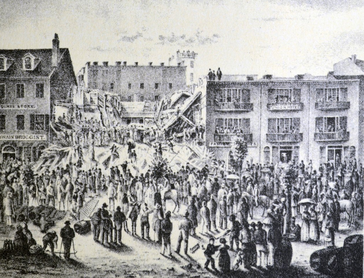 Currier & Ives ilustrace 19. století. Ruiny hotelu Planters, New Orleans od N. and Ives, J.M. Currier