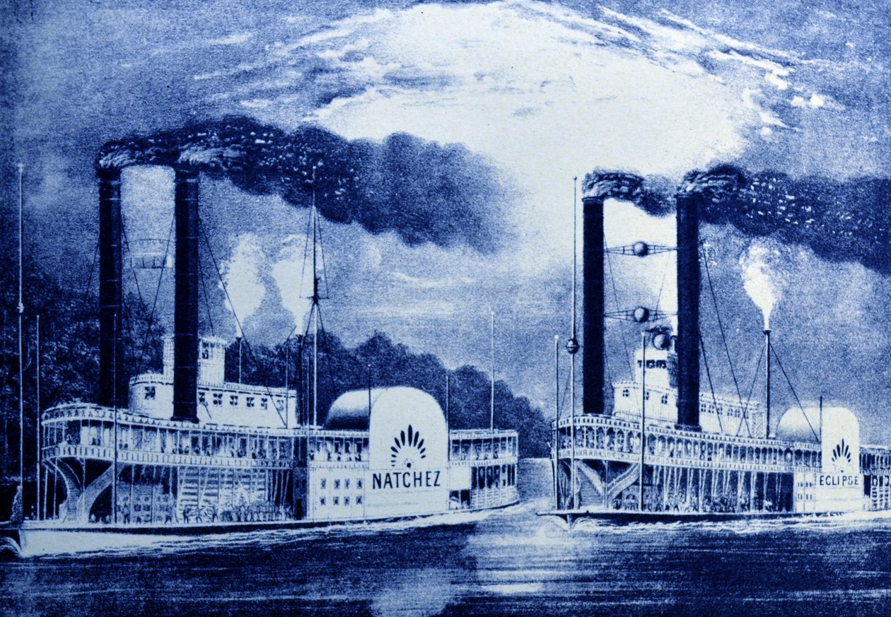 Currier & Ives ilustrace 19. století. Závod parníků na Mississippi, akt IV, scéna III, Jarrett & Palmers Revival of Uncle Toms Cabin od N. and Ives, J.M. Currier