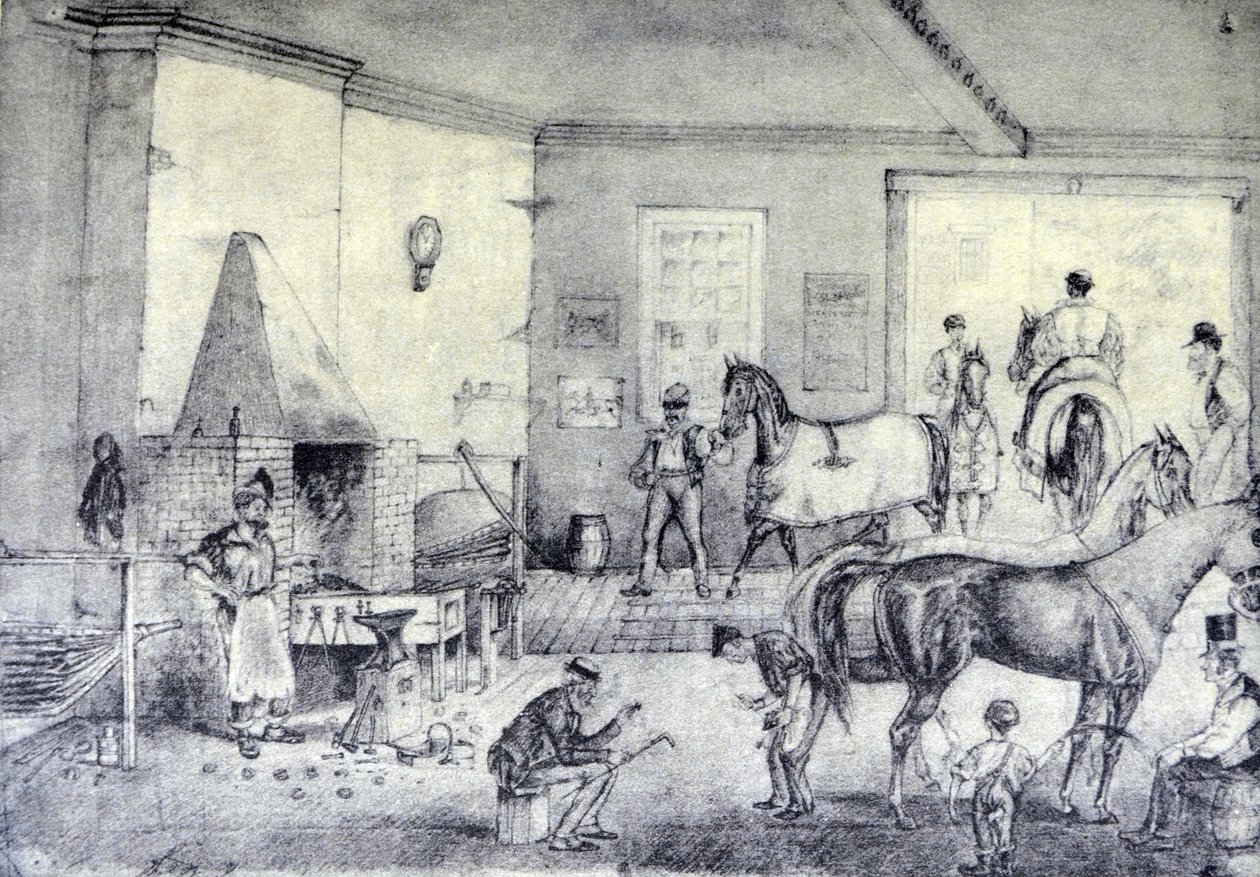 Currier & Ives ilustrace 19. století. Klusavé trhliny v kovárně (originální kresba Thomase Wortha, ze které byl vytvořen tisk.) od N. and Ives, J.M. Currier