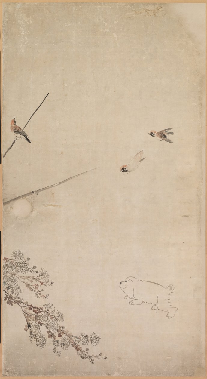 Štěňata, vrabci a chryzantémy, 1754-1799. od Nagasawa Rosetsu