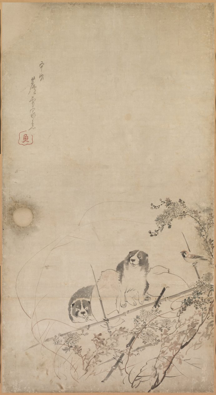 Štěňata, vrabci a chryzantémy, 1754-1799. od Nagasawa Rosetsu