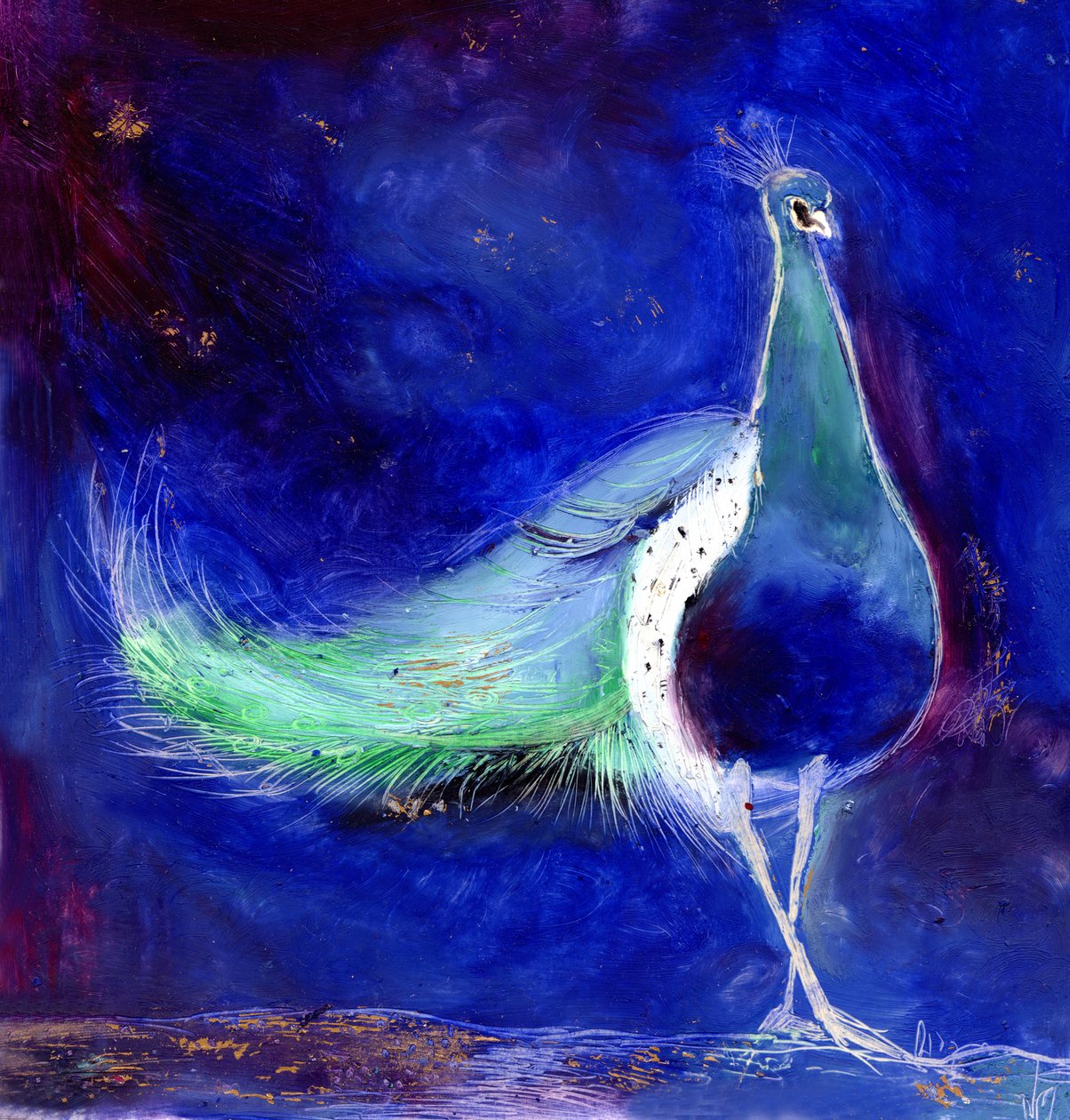 Peacock Blue, 2013, (olej a plátkové zlato na kartě) od Nancy Moniz Charalambous