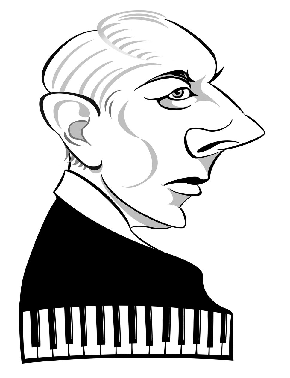 Bela Bartok - maďarský skladatel a klavírista (1881-1945); černobílá karikatura od Neale Osborne