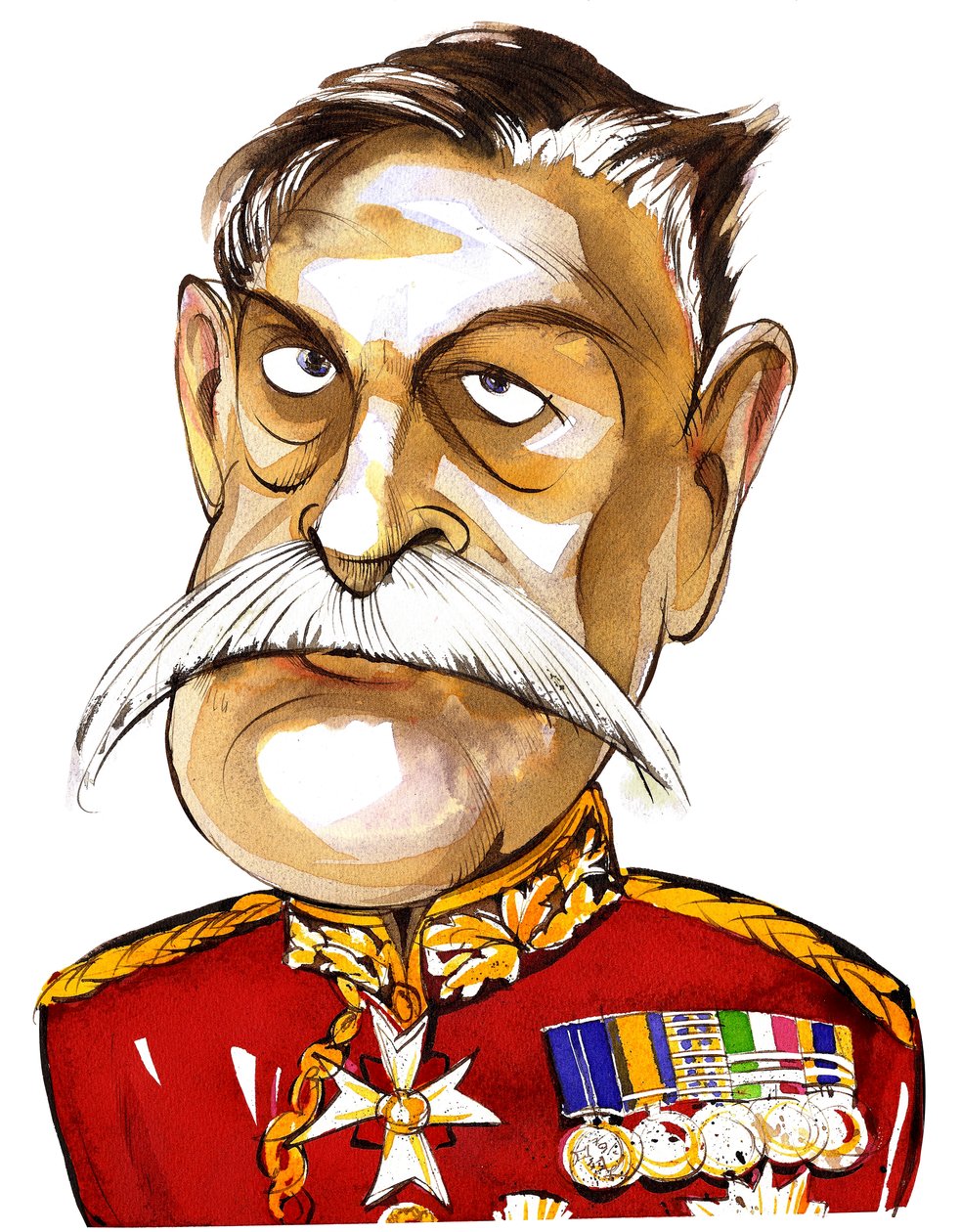 britský polní maršál, první hrabě Haig z Bernersyde (1861-1928); barevná karikatura v uniformě od Neale Osborne