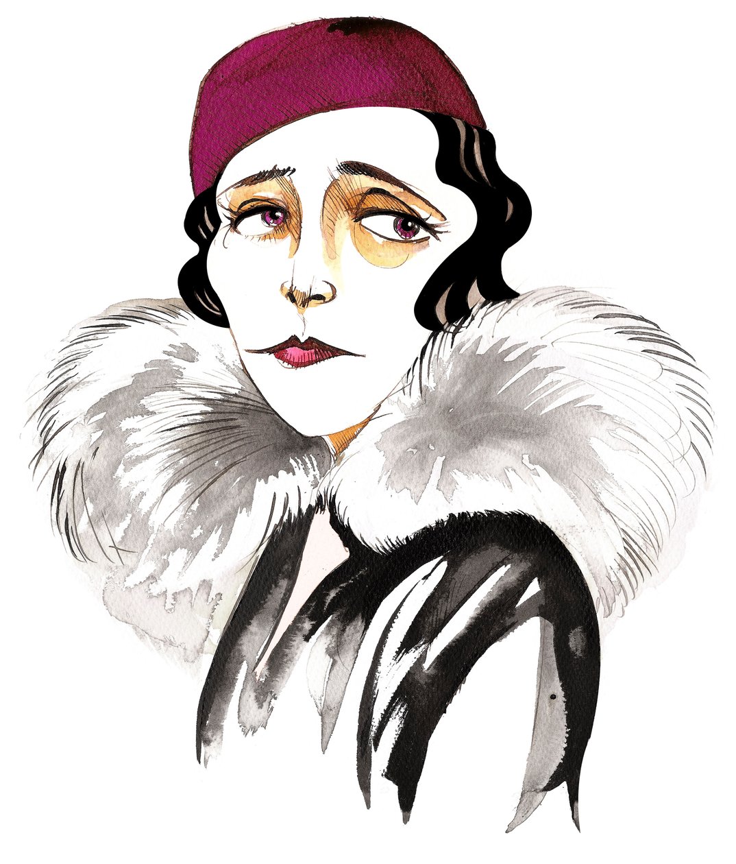 Germaine Tailleferre, francouzská skladatelka, klavíristka a členka skupiny Les Six, (1892 - 1983) karikatura od Neale Osborne