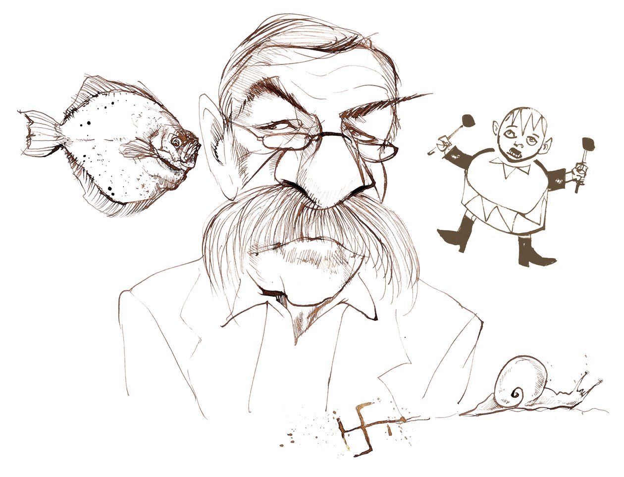 Günter Grass, německý prozaik, básník, dramatik a výtvarník; karikován s odkazy na jeho knihy: Platýs - Der Butt (román z roku 1977); Z deníku šneka - Aus dem Tagebuch einer Schneke ( od Neale Osborne