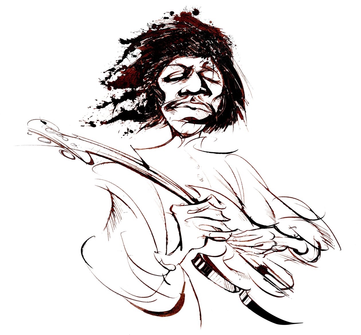 Jimi Hendrix , americký kytarista (1942-70), sépiová karikatura od Neale Osborne