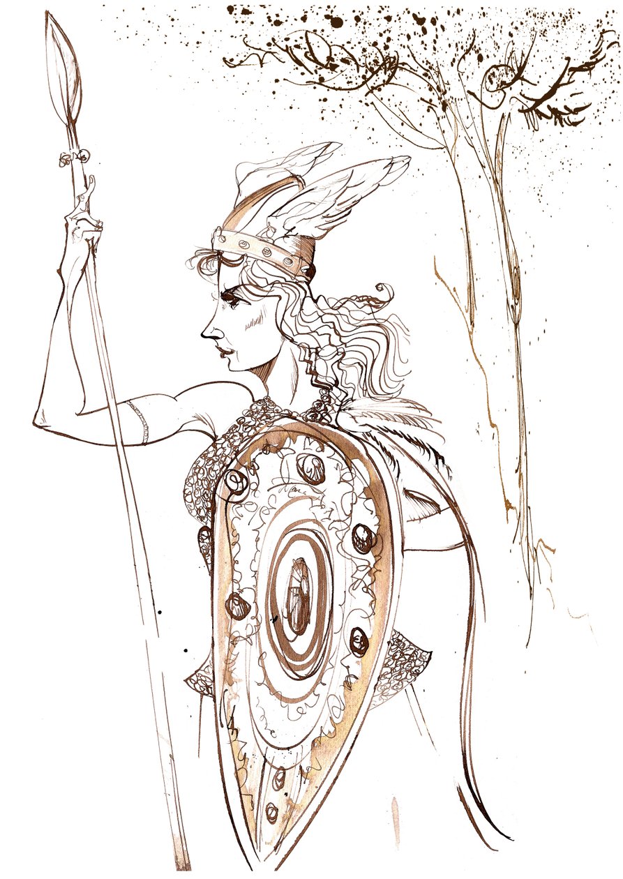 Kirsten Flagstad jako Brünnhilde z opery Die Walküre Richarda Wagnera (německý skladatel 1813-83); sépiová karikatura od Neale Osborne