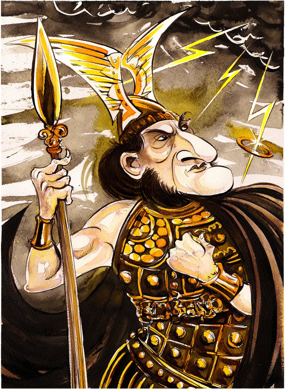 Richard Wagner jako Wotan - karikatura jako vládce bohů v operním cyklu Prsten Nibelungův (1876) od Neale Osborne