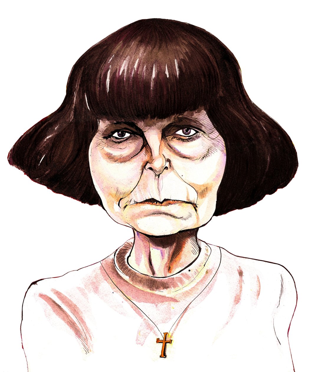 Sofia Gubaidulina, ruská skladatelka barevná karikatura tuší od Neale Osborne
