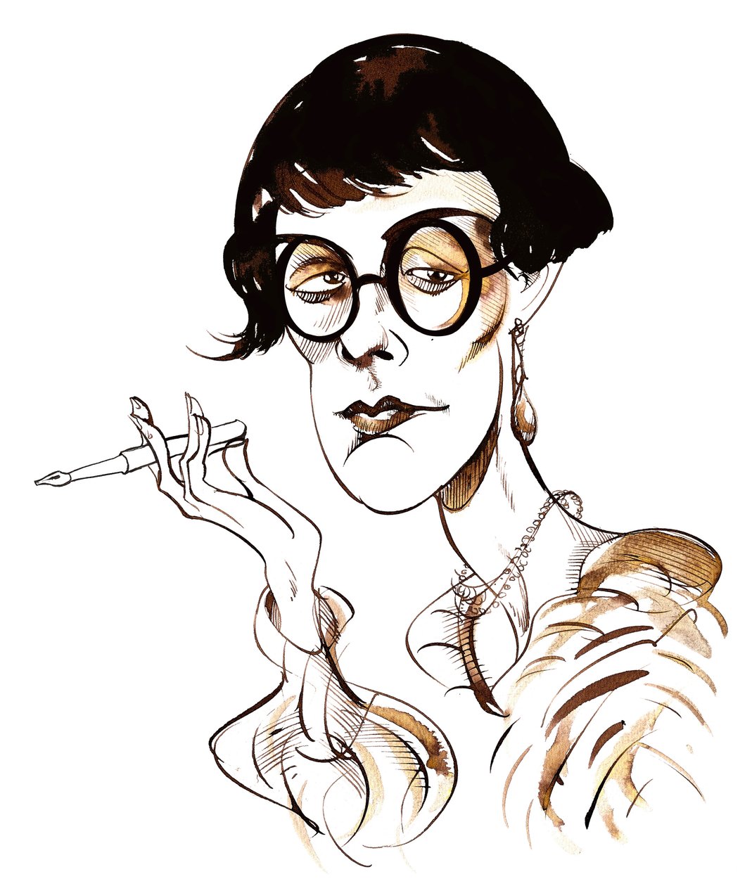 Sylvia Townsend Warner - karikatura držící pero od Neale Osborne