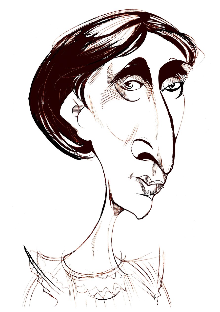 Virginia Woolf, anglická spisovatelka karikatura sépiového inkoustu od Neale Osborne