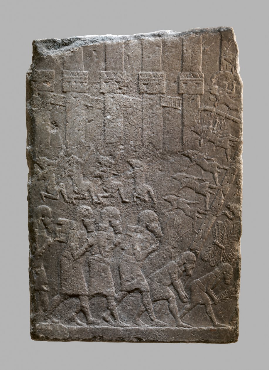 Bitevní scéna Asyřanů útočících na citadelu, cca 704–681 př. (sádra alabastr) od Neo Assyrian