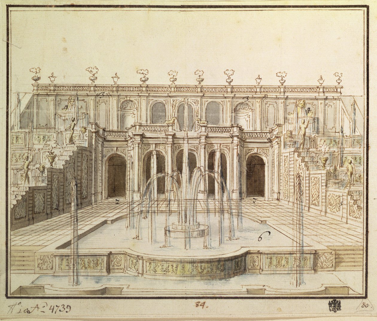 Velká kaskáda v dolním parku v Peterhofu, 1720 (pero, štětec, inkoust a wc) od Niccolo Michetti