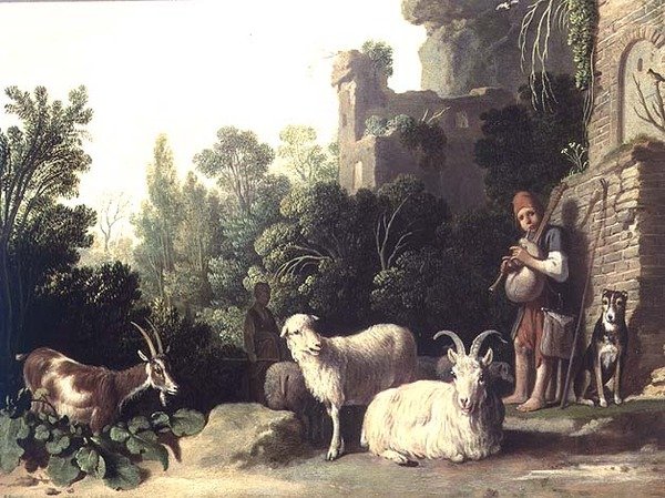 Pastýř koz hrající na dudy (panel) od Nicolaes Cornelisz c.1592 1655 Moeyaert