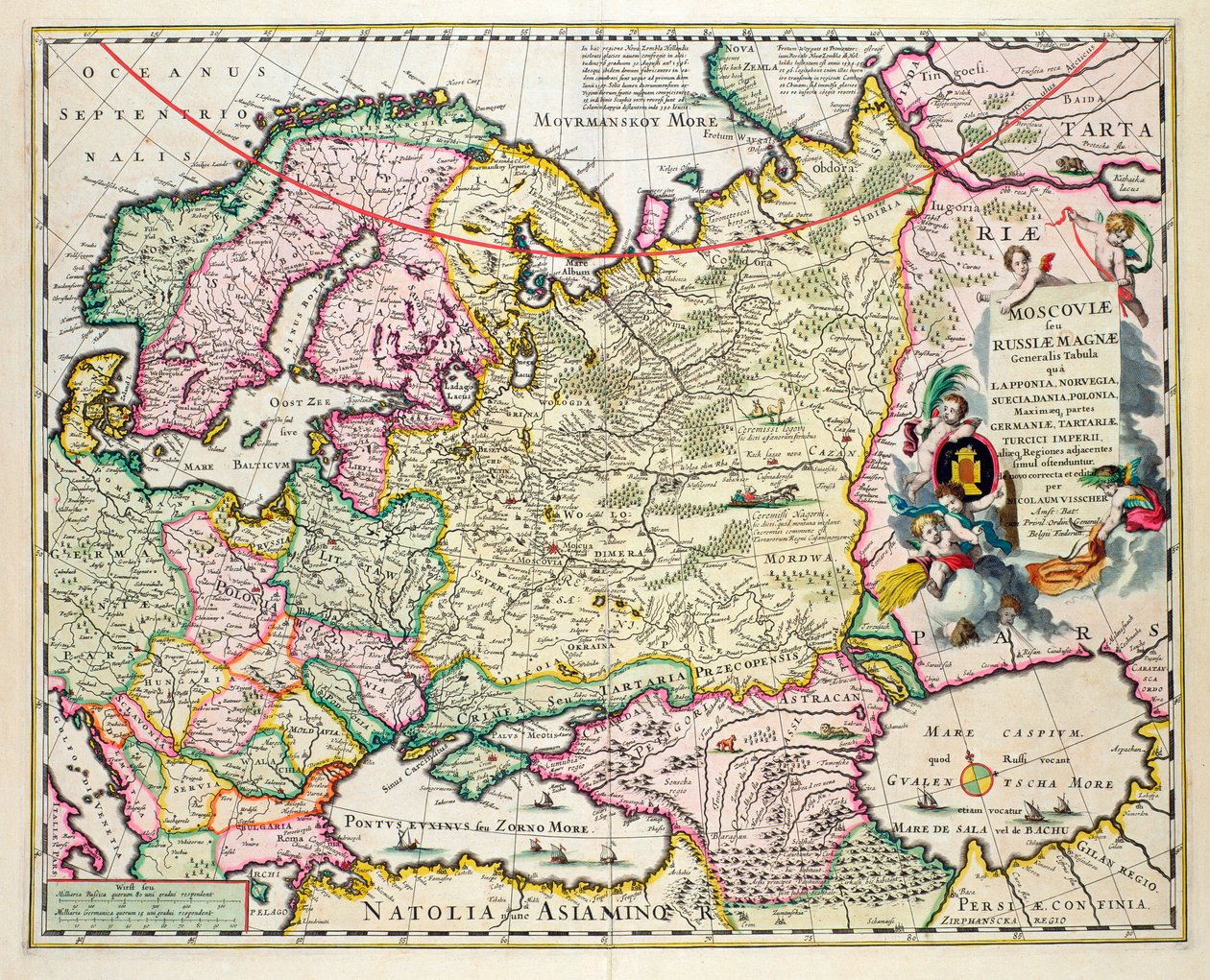 Mapa Malé Asie zobrazující Norsko, Švédsko, Dánsko, Laponsko, Polsko, Turecko, Rusko a moskevskou oblast, cca 1626 (ručně kolorovaná rytina) od Nicolaes Jansz Visscher