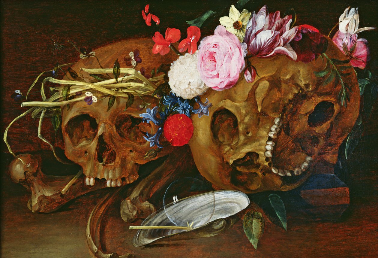 Zátiší Vanitas s lebkami, květinami, mušlí perlorodky, bublinou a brčkem od Nicolaes van Veerendael