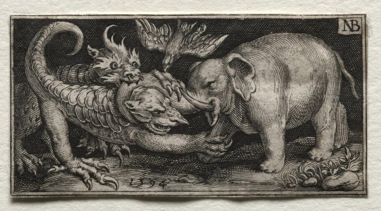 Elephant Fighting Two Beasts, 1594. od Nicolaes de Bruyn