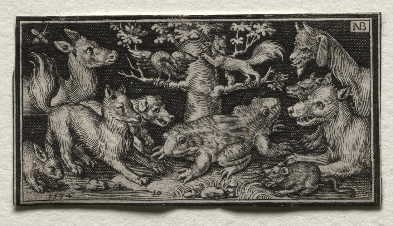 Dvouhlavá žába obklopená zvířaty, 1594. od Nicolaes de Bruyn