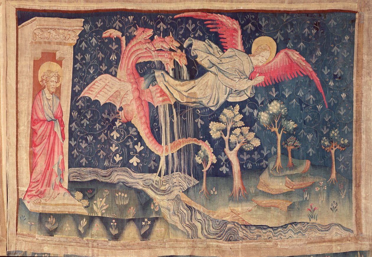 Drak pronásledující ženu, z tapiserie Apokalypsa v Angers, 1373-87 (tapiserie) od Nicolas Bataille