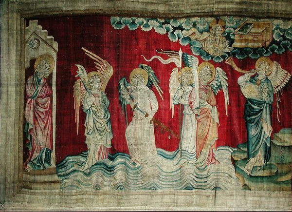 Šestá trubka a andělé na Eufratu, č. 25 z Apokalypsy hněvu, 1373-87 od Nicolas Bataille
