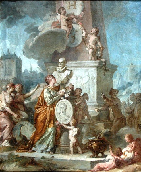 Alegorický výjev kolem busty Jindřicha IV. (1553-1610), francouzského krále a portrétního medailonu Comtesse de Gramont, 1776 od Nicolas Guy Brenet
