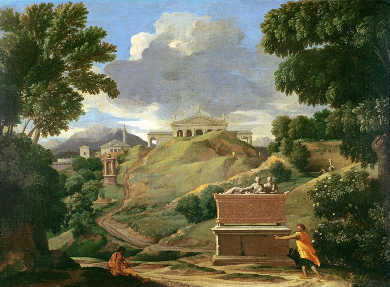 Krajina s klasickými ruinami a etruským sarkofágem, c.1634 od Nicolas Poussin