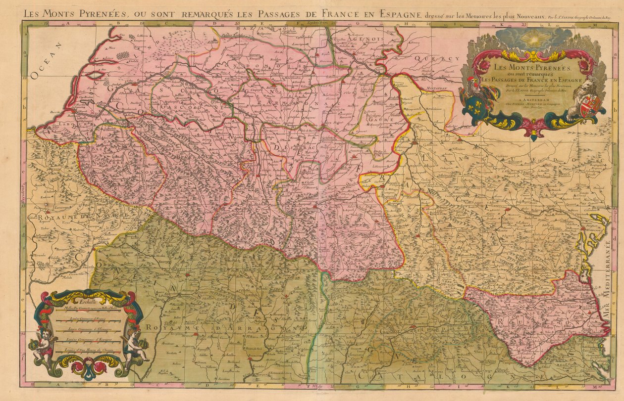 Pohoří Pyreneje a mezinárodní hranice mezi Francií a Španělskem s vyznačením horských průsmyků mezi oběma zeměmi. od Nicolas Sanson