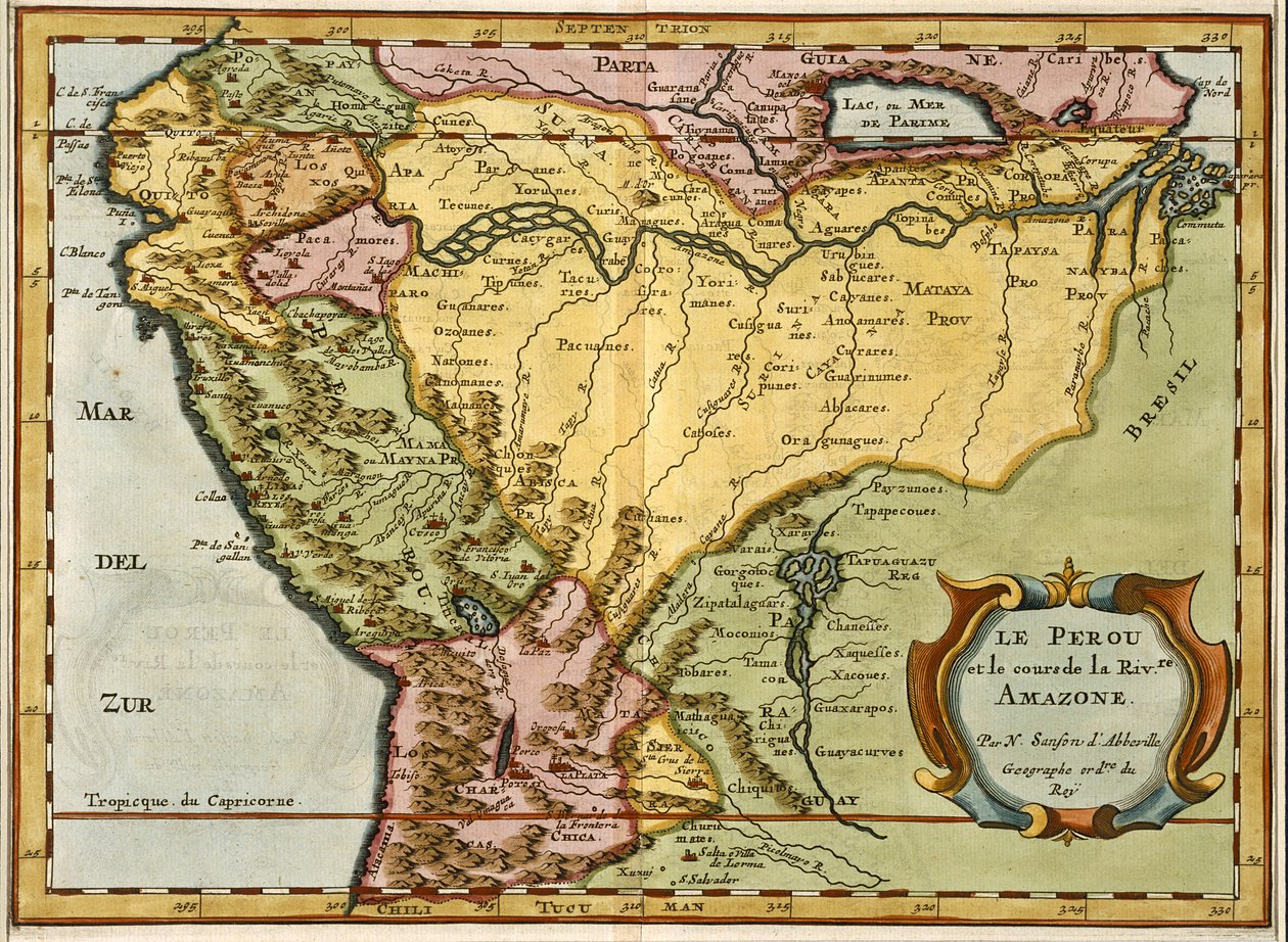 Mapa povodí Amazonky, 1680 (ručně kolorovaná rytina) od Nicolas Sanson