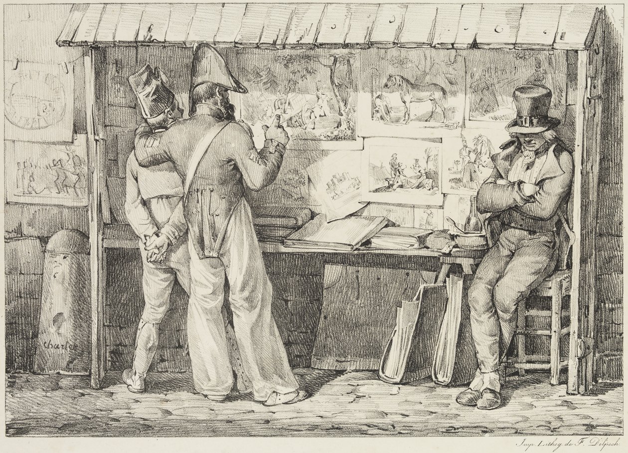 Le marchand de dessins lithographiques, mezi 1818 a 1819 (litho tištěné černým inkoustem na tkaném papíře) od Nicolas Toussaint Charlet