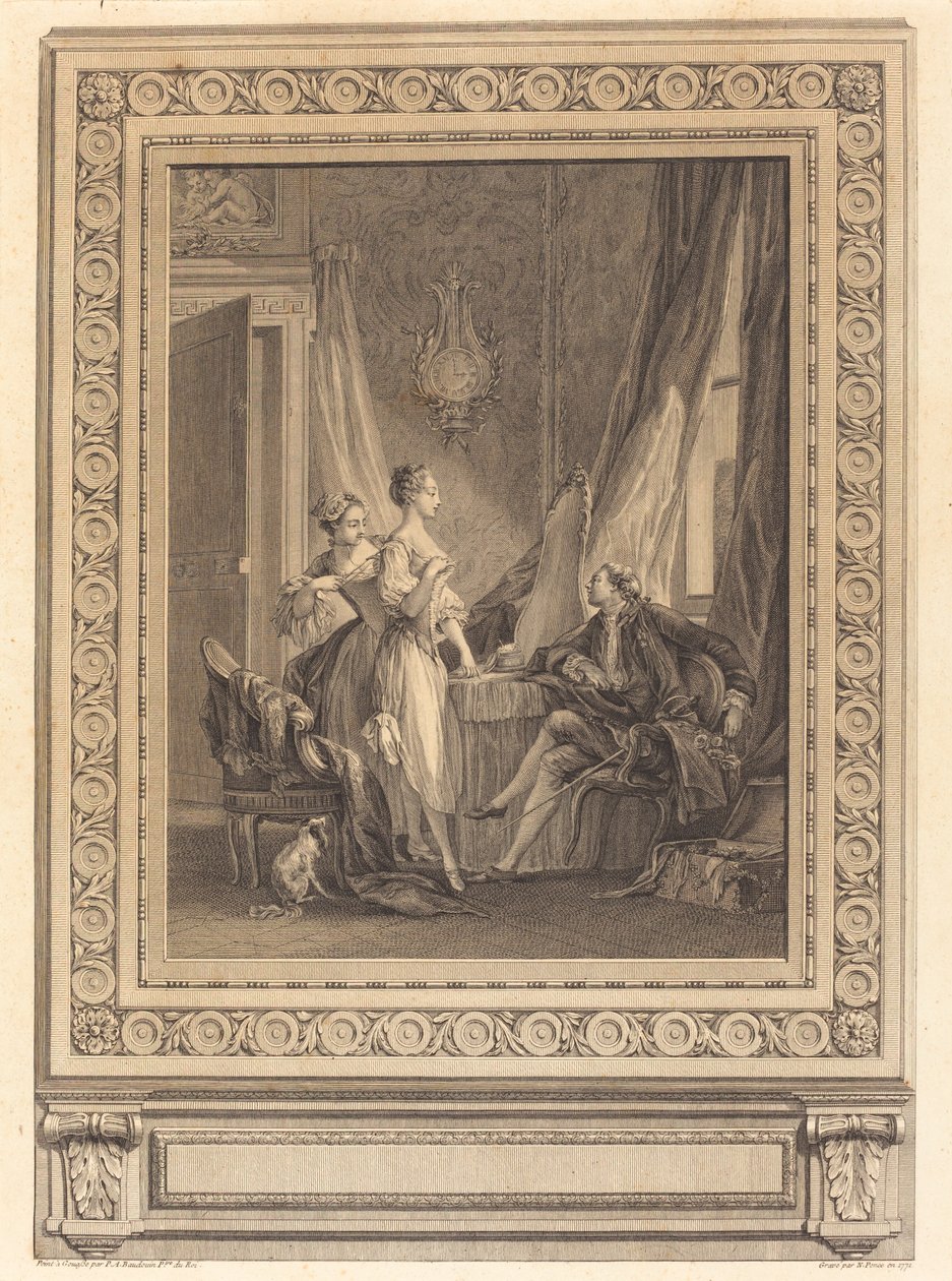Záchod od Nicolas Ponce after Pierre Antoine Baudouin with border by Charles Nicolas Cochin II