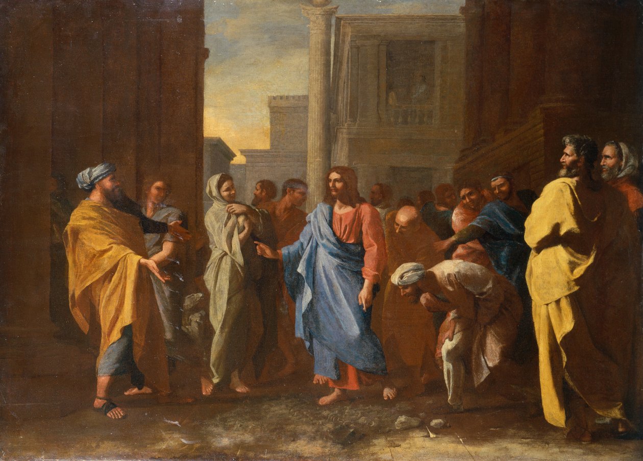 Kristus a cizoložná žena (olej) od Nicolas Poussin