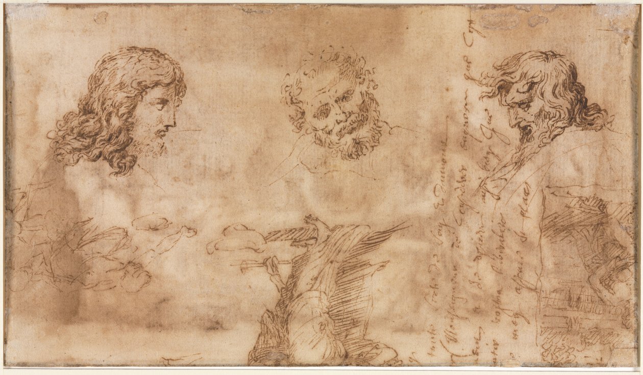 Tři hlavy a jiné skici verso, 1643-1644. od Nicolas Poussin
