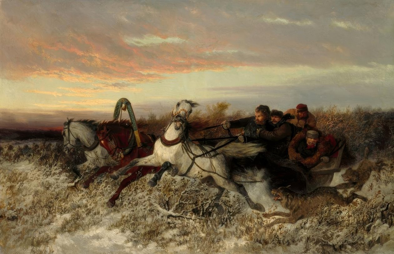 Sáně tažené koňmi, pronásledované vlky od Nikolai Jegorowitsch Swertschkow
