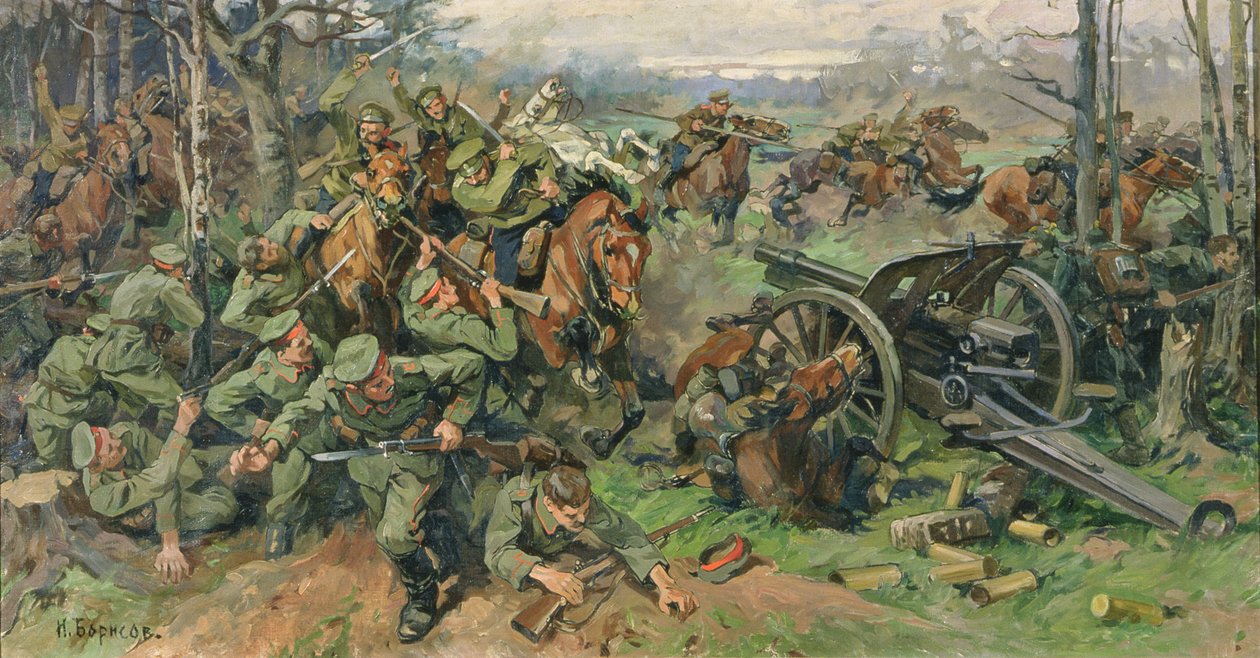 Ruská kavalérie nabíjející německé dělostřelectvo v roce 1915 od Nikolay Yakovlevich Borisov