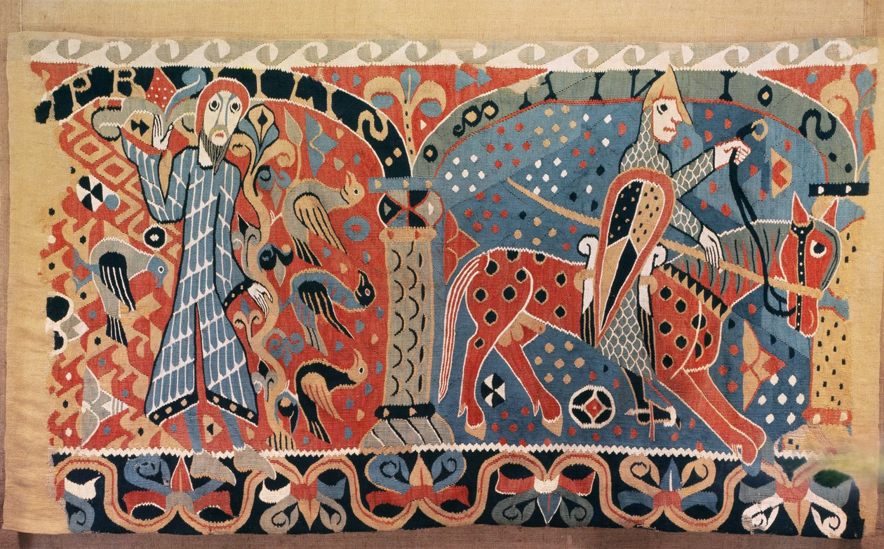 Normanský kavalír na strakatém koni a muž obklopený ptáky, detail z Baldishol Tapestry z Baldishol Church, Hedmark od Norwegian School
