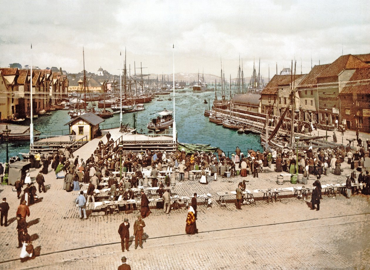 Fisketorget, Bergen, hospoda. c.1900 od Norwegian Photographer