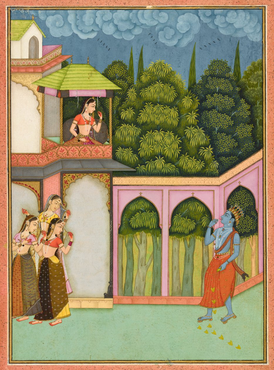 Krišna se blíží Radha, folio z <em>Rasikpriya</em> od Nuruddin