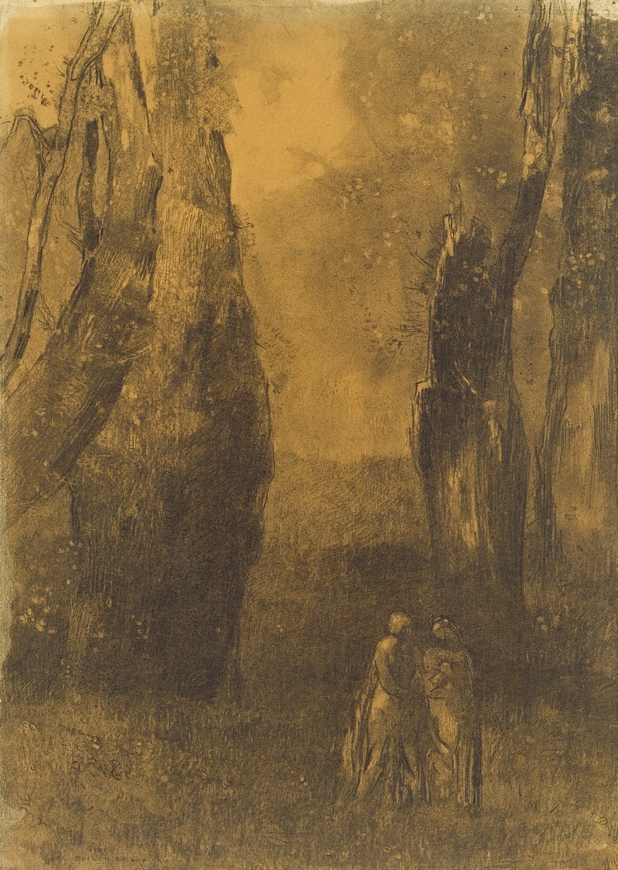 Milenci ve skalnaté krajině (dřevěné uhlí) od Odilon Redon