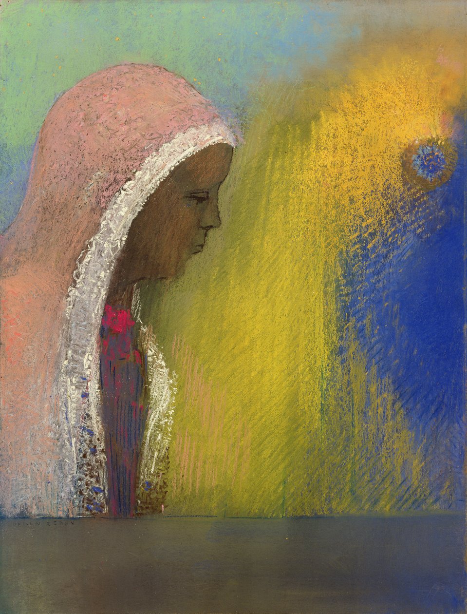 Portrét ženy v růžovém závoji, 1885 (pastel na papíře) od Odilon Redon