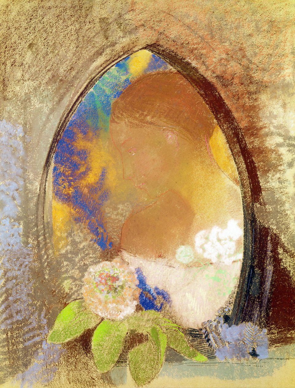Portrét s květinami (pastel na papíře) od Odilon Redon