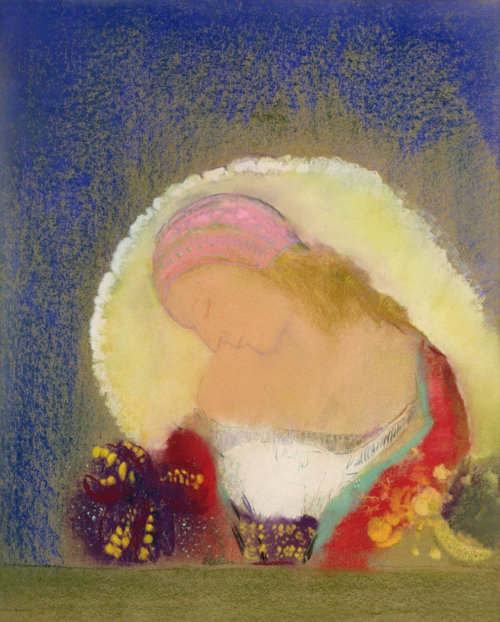 Profil dívky s květinami, cca 1900 (pastel na papíře) od Odilon Redon