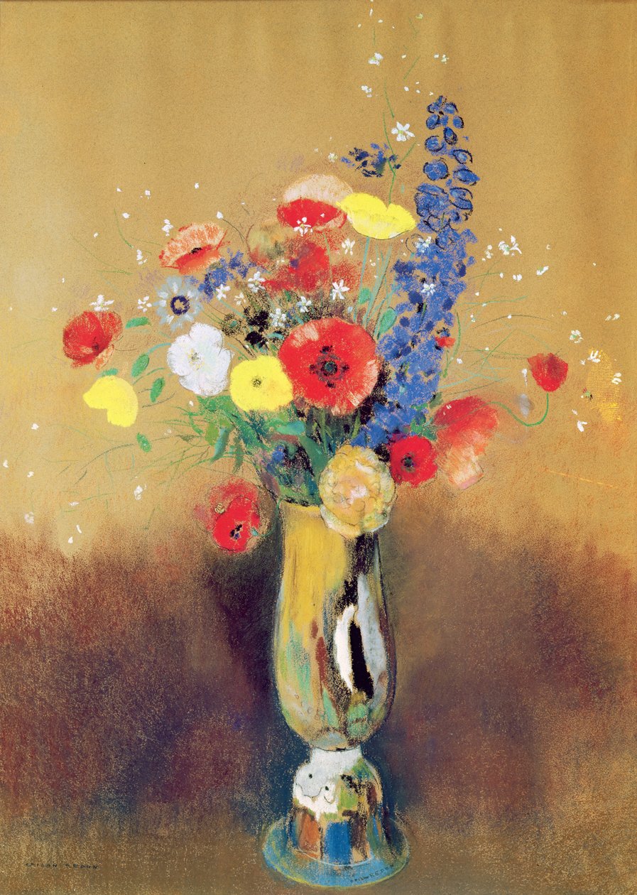 Divoké květiny ve váze s dlouhým hrdlem, kolem roku 1912 (pastel na papíře) od Odilon Redon